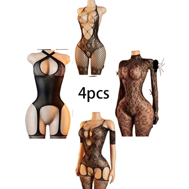 Bodystocking Fishnet - Ensemble de lingerie sexy 4 pièces